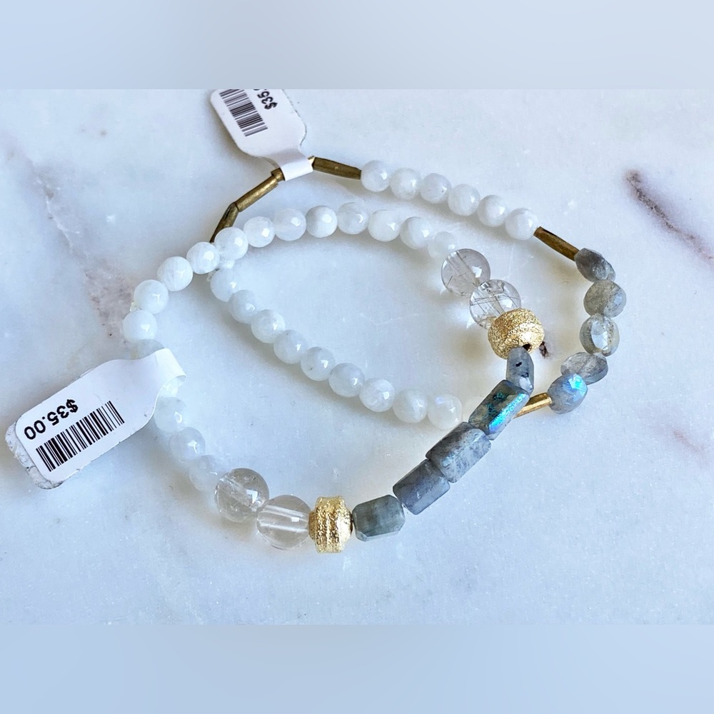 Gemstone bracelets lot of 2 Labradorite Moonstone Brass